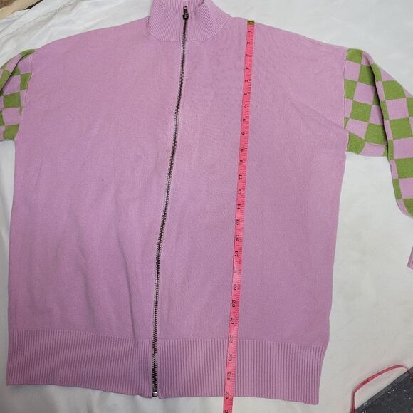 KAWAII pink and green checkered oversized zip up cardigan sweater M - Picture 7 of 7